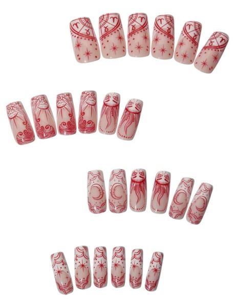 24 Piece - Chic Coffin Shaped Design Press-On Nails - White &amp; Red