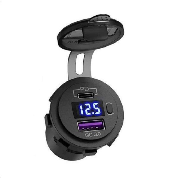 Dual USB Charger QC3.0 + PD Type C &amp; Volt Meter Display with Power Switch