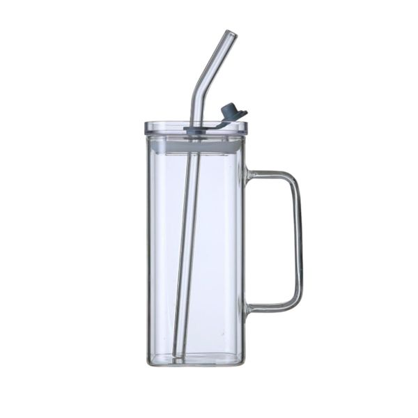 Square Glass Mug with Clear Lid and Straws Hot &amp; Cold Glass Straw Cup - 400ml