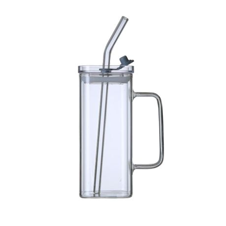 Square Glass Cup with Lid Straw Handle