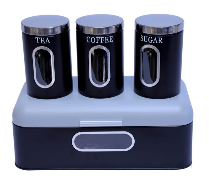 Bread Bin with 3 Canister Set Tea , Coffee &amp; Sugar with - Black