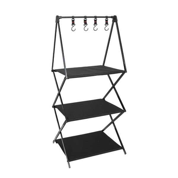 Glamping - Foldable 3-Tier Outdoor Storage Rack with Hooks