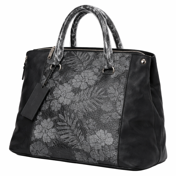 Women's PU Leather Handbag with Floral Pattern Panel - Black &amp; Grey