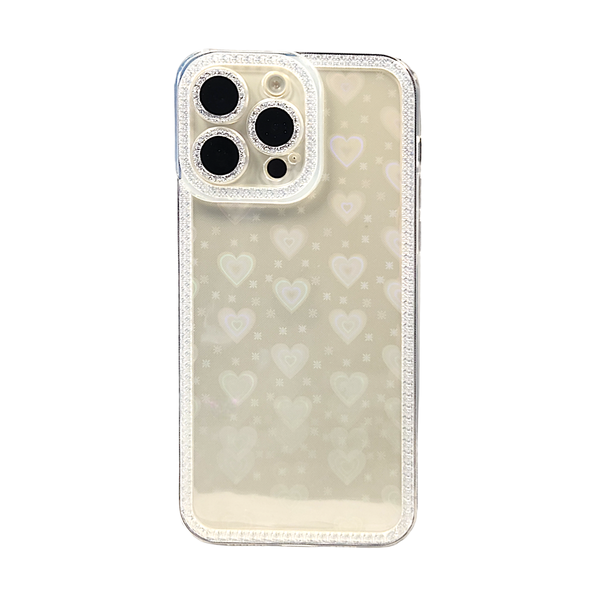 Clear - Phone Case with Diamond Edge &amp; Hearts - Iphone 15 Pro