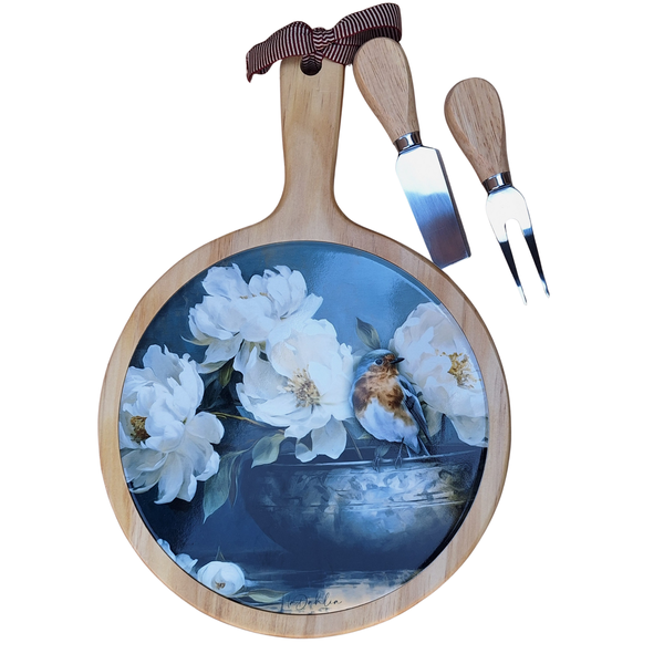 Cheese Board Pine with Printed Ceramic Tile and two Cheese Tools