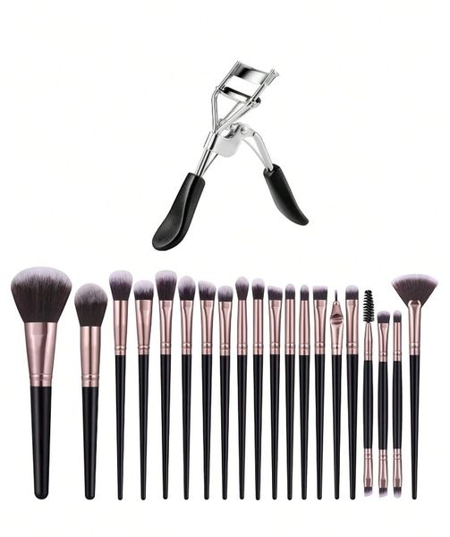 20 Makeup Brush Set With Eyelash Curler - Black