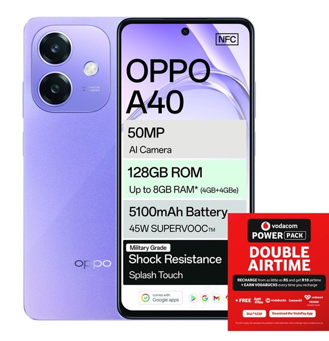OPPO A40 128GB LTE Dual Sim - Purple + Vodacom SIM Card Pack