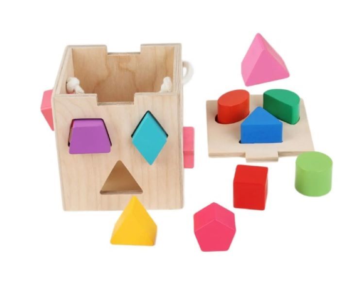 Shape Sorter Wooden Cube Educational Toy Box with 13 Colourful Shapes