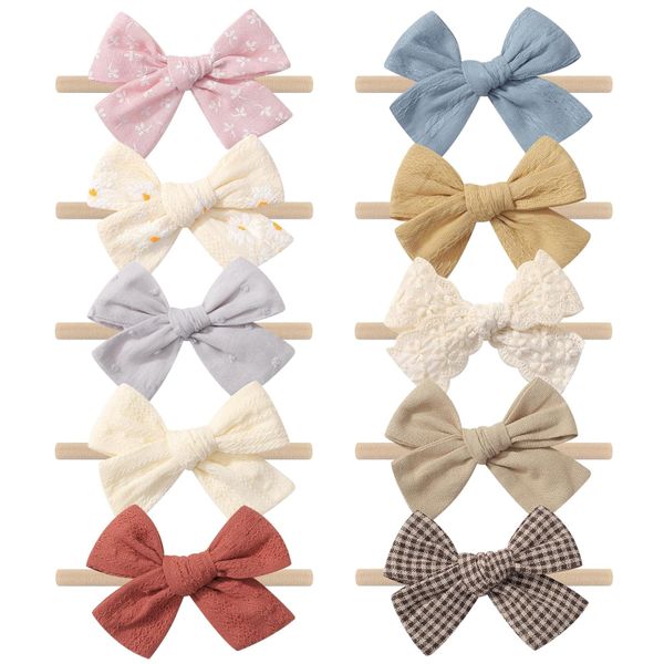QYNIAL Baby Girls Headbands 10 Pack Nylon Hair Bows Soft Stretch
