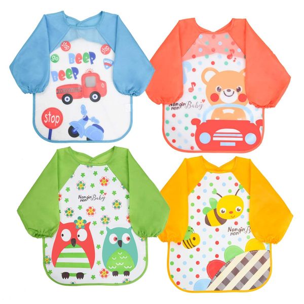 4 Cartoon Waterproof Baby Bibs, Long Sleeve Feeding Aprons for Toddlers