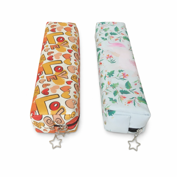 Printed Pencil Case with Heart &amp; Floral Designs and Star Zip Charm