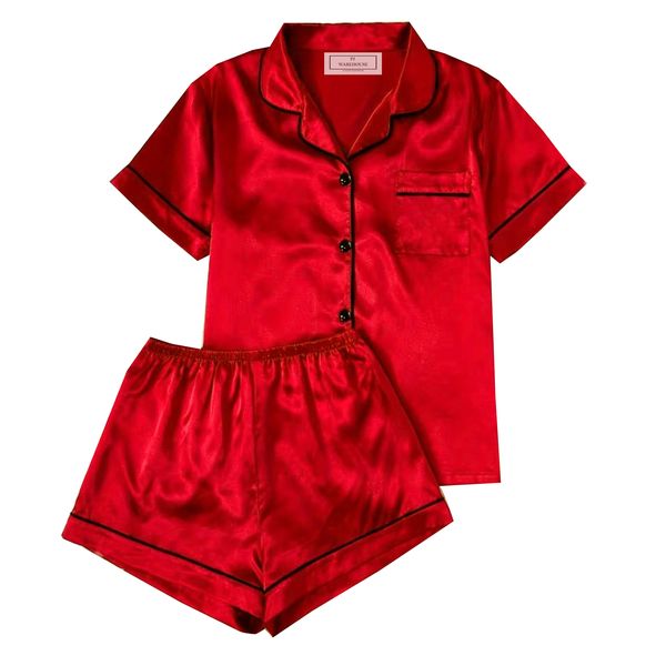 PJ Warehouse Ruby Red Satin Short Top Short Pants Pj /Black Piping