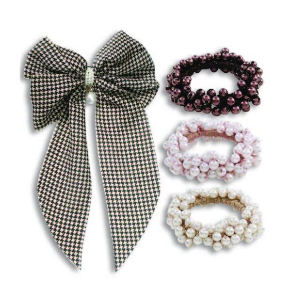 Large Faux Pearl Houndstooth Print Bow Hair Clip &amp; Hair Tie Set