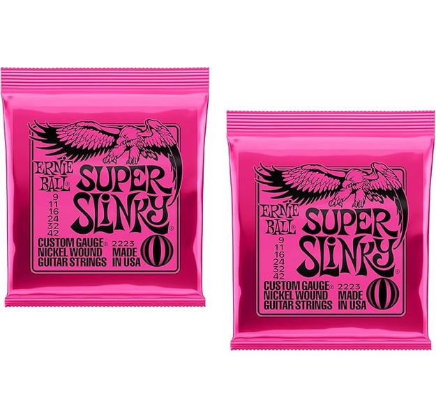 Ernie Ball 2223 Electric Guitar Strings Super Slinky -Pack of 2, light feel