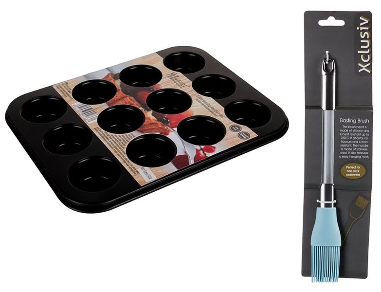 Non Stick Mini Cup Pan 12 Hole + Pastry Brushes Silicone
