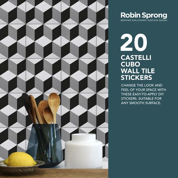 Robin Sprong Pack of 20 15 x 15 cm Castelli Cubo Wall Tile Stickers