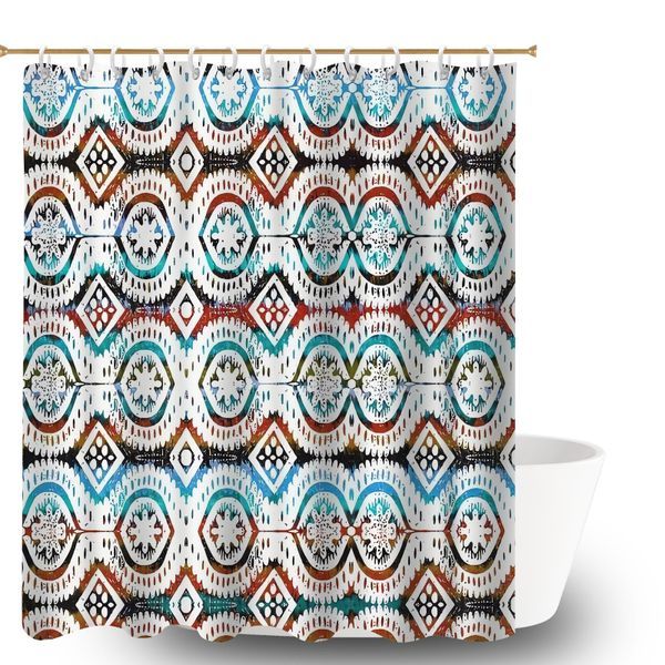 Ethnic Print Polyester Shower Curtain Sets with 12 Plastic Hooks for Tubs