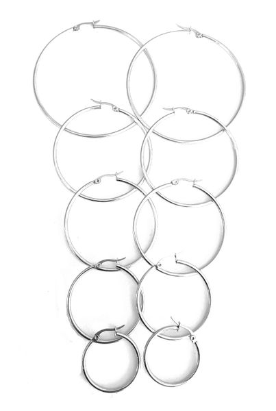 5 Pairs of Stainless Steel Hoop Earring - 65mm to 25mm