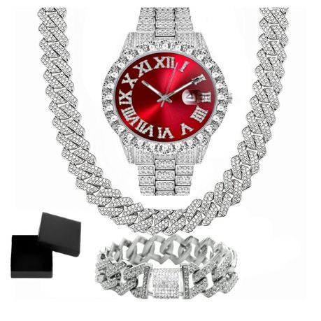Luxurious Iced Out Mens Watch And Iced Out Chain/Bracelet Set With Gift Box Image