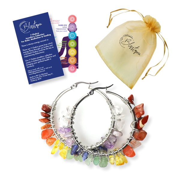 Blisstopia 7 Chakra Natural Crystal Hoop Earrings with Info Card &amp; Gift Bag