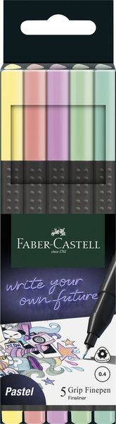 Faber-Castell Grip Finepen, Pastel, 0.4 nib, cardboard wallet of 5