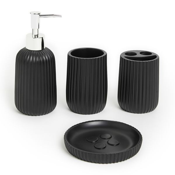 G&amp;M Sleek 4 Piece Black Ribbed Resin Bathroom Set