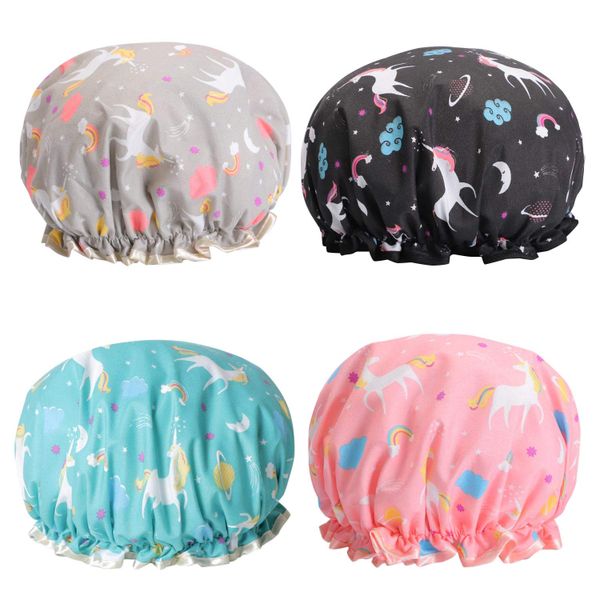 4 Piece Set Unicorn Shower Caps Hat Reusable Waterproof Bonnet