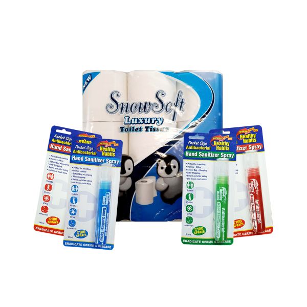 Snow Soft 2 Ply Toilet Paper (72 Pack) and Hand Sanitizer Spray 20ml (4 Pack)