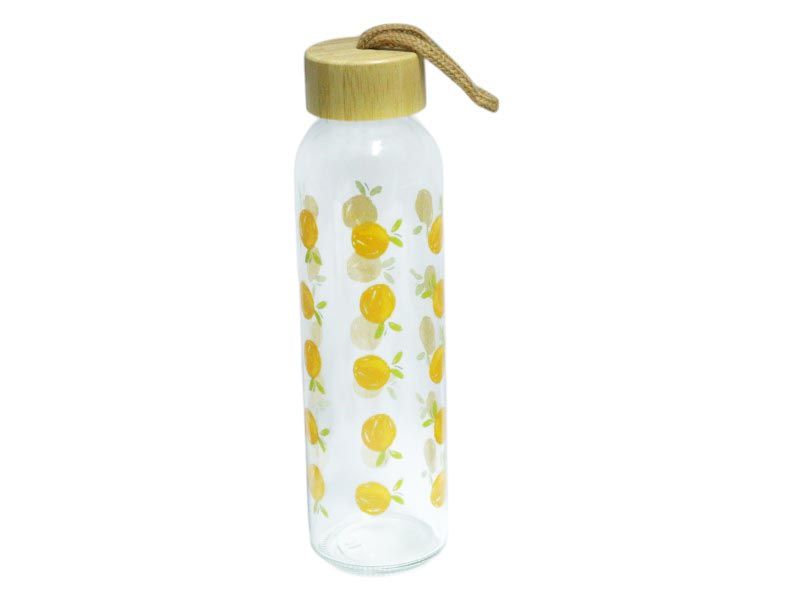 Glass Water Bottle with Carrying Loop - Orange Print - 500ml