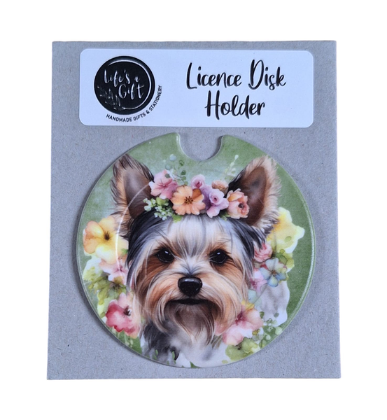 Dog &amp; Flowers Licence Disk Holder - Neatly Brushed Yorkshire-Terrier