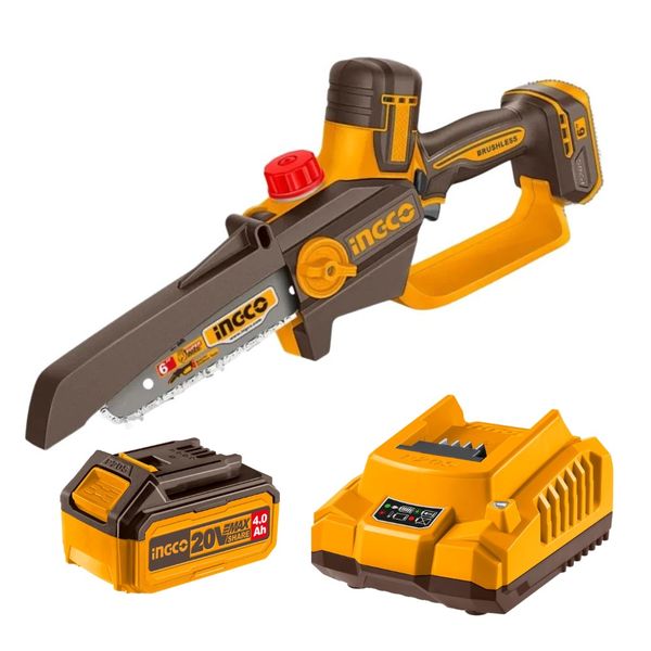 Ingco - Cordless Mini Chainsaw (6 Inch Bar) with 4.0Ah Battery &amp; Charger