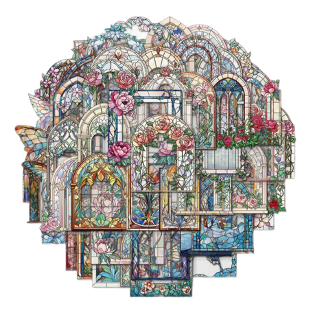 50 Piece Vintage Stained Glass Stickers Floral Artistic Window Frame Decor Image