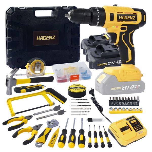 Hagenz Electric Cordless Impact Drill Set 98pcs, 2 Batteries and Charger