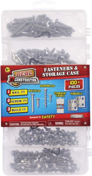 Real Construction Accessory Sets for Kids- Nails, Screws, Hinges, Case
