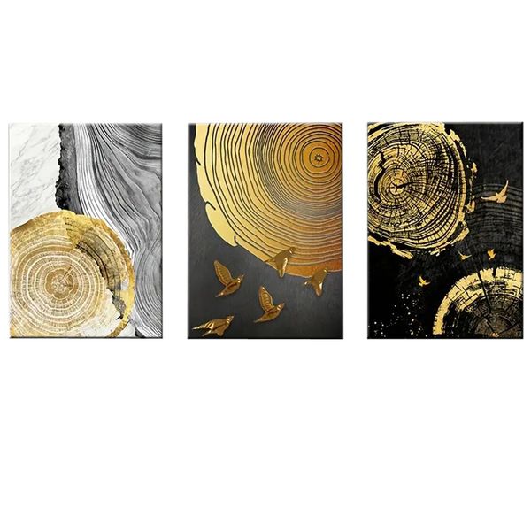 Canvas-Art-3 Pieces Golden Birds &amp; Tree Rings Black Decorative Wall Art