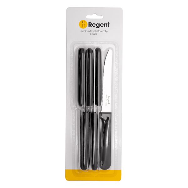 Regent Kitchen Steak Knife with Round Tip and Black Handles 6 Pack