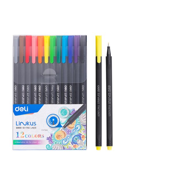 Deli 12 Fineliner Pen for Writing, Colouring, Superfine Metal Clad 0.45mm