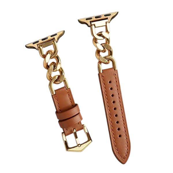 PU Leather &amp; Gold Chain Strap For Smartwatches - 38/40/41mm - Brown