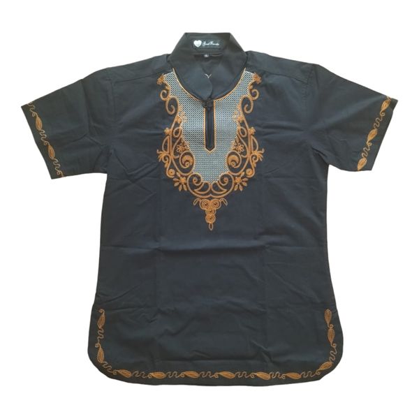 Black African Trendy Shirt- With Gold Embroidery