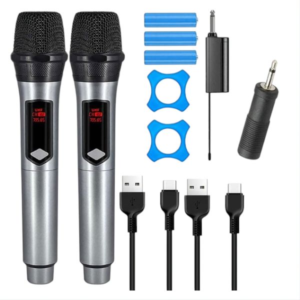 2Pc Wireless Handheld Microphone Set With Rechargeable Receiver &amp; Batteries