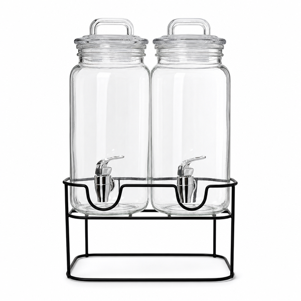Double Glass Beverage Dispenser Set with Black Iron Stand - 2 x 2.2L