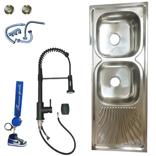 Sink Double Bowl Drop In &amp; Black Spring Pull-Out Faucet With Key Ring