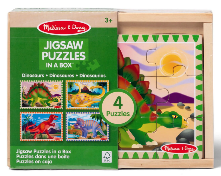 Melissa &amp; Doug 12 Piece Wooden Puzzles In A Box - Dinosaurs (4 Puzzles)