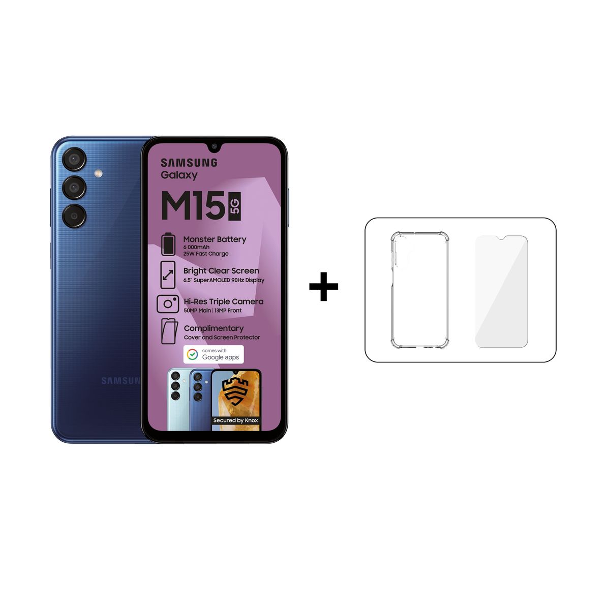 Samsung Galaxy M15 5G 128GB Dual Sim - Dark Blue + Clear Cover + Screen Protector