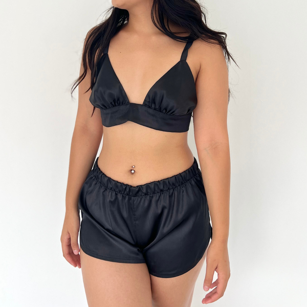 Satin Bralette and Shorts Set - Navy Blue