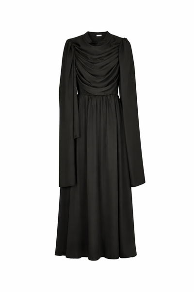 Black Elegant Draped Floor Length Modest Dress With Pleating