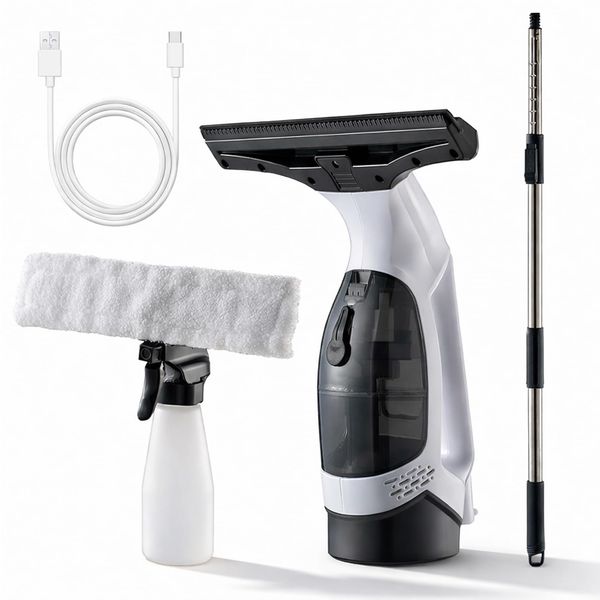 Cordless Window Vacuum Cleaner with Extension Pole USB Rechargeable