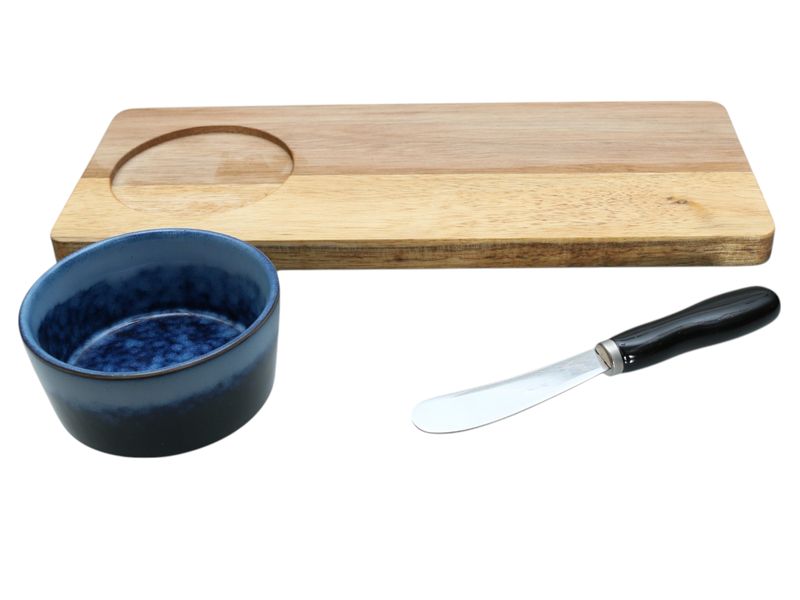 Excellent Houseware 3-piece Set Blue Ceramic Bowl with Spreader &amp; Acacia Tray