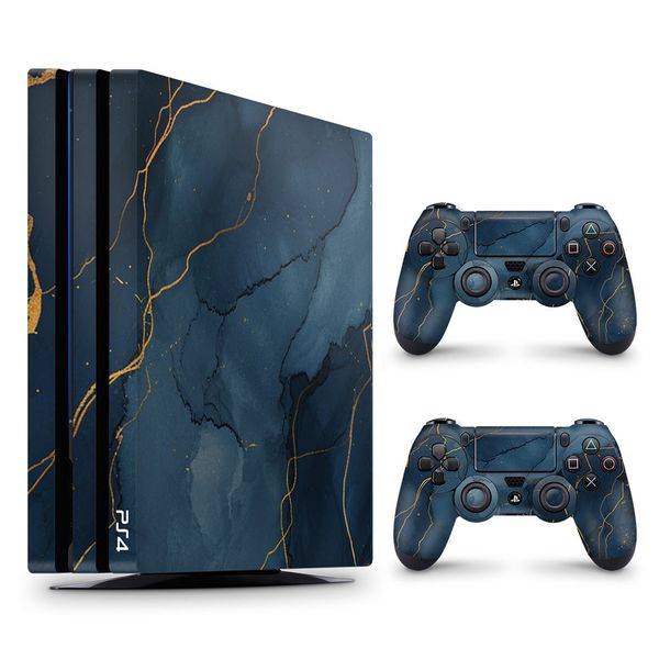 Decal Skin Compatible with PS4 Pro - Dark Blue Marble Gold Veins (Decal Only)