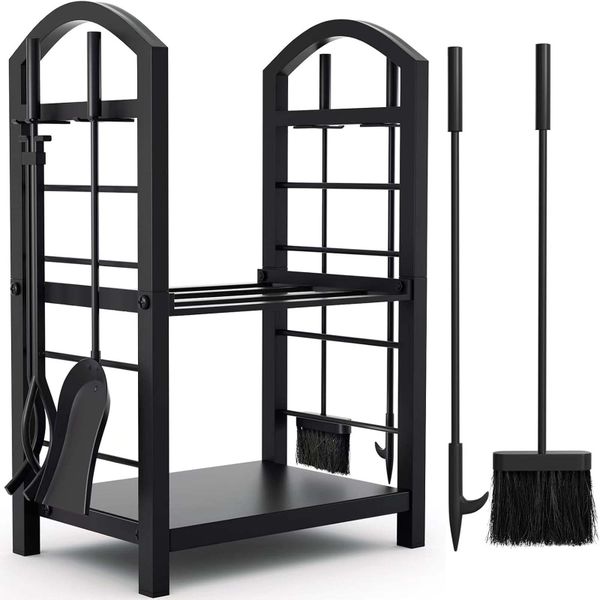 2-Tier Firewood Rack Powder Coated Iron Fireplace Wood Holde with 4 Tools